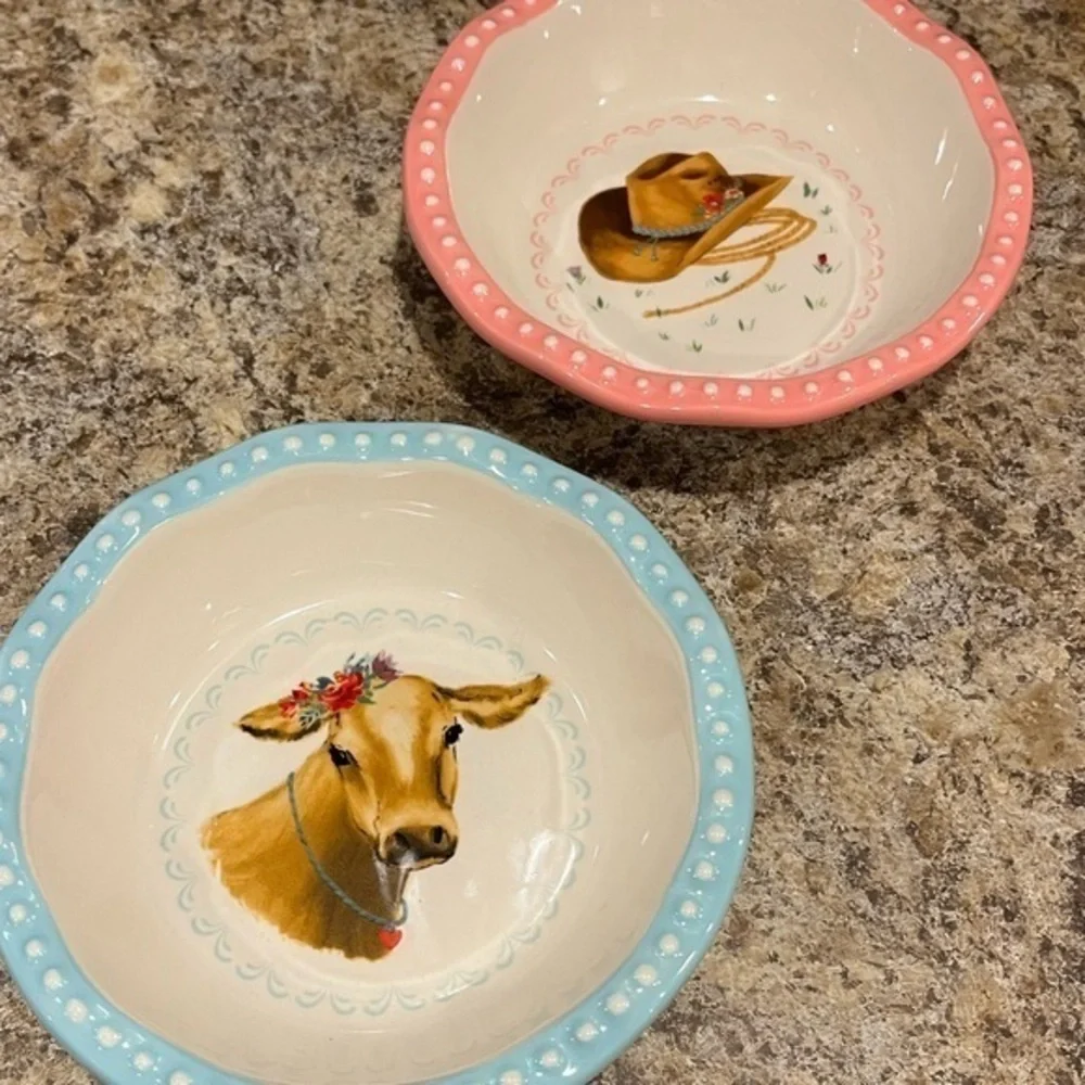 Pioneer Woman Country Cow and Cow Girl Hat 5.5” Bowls Pink and Blue Set of Two